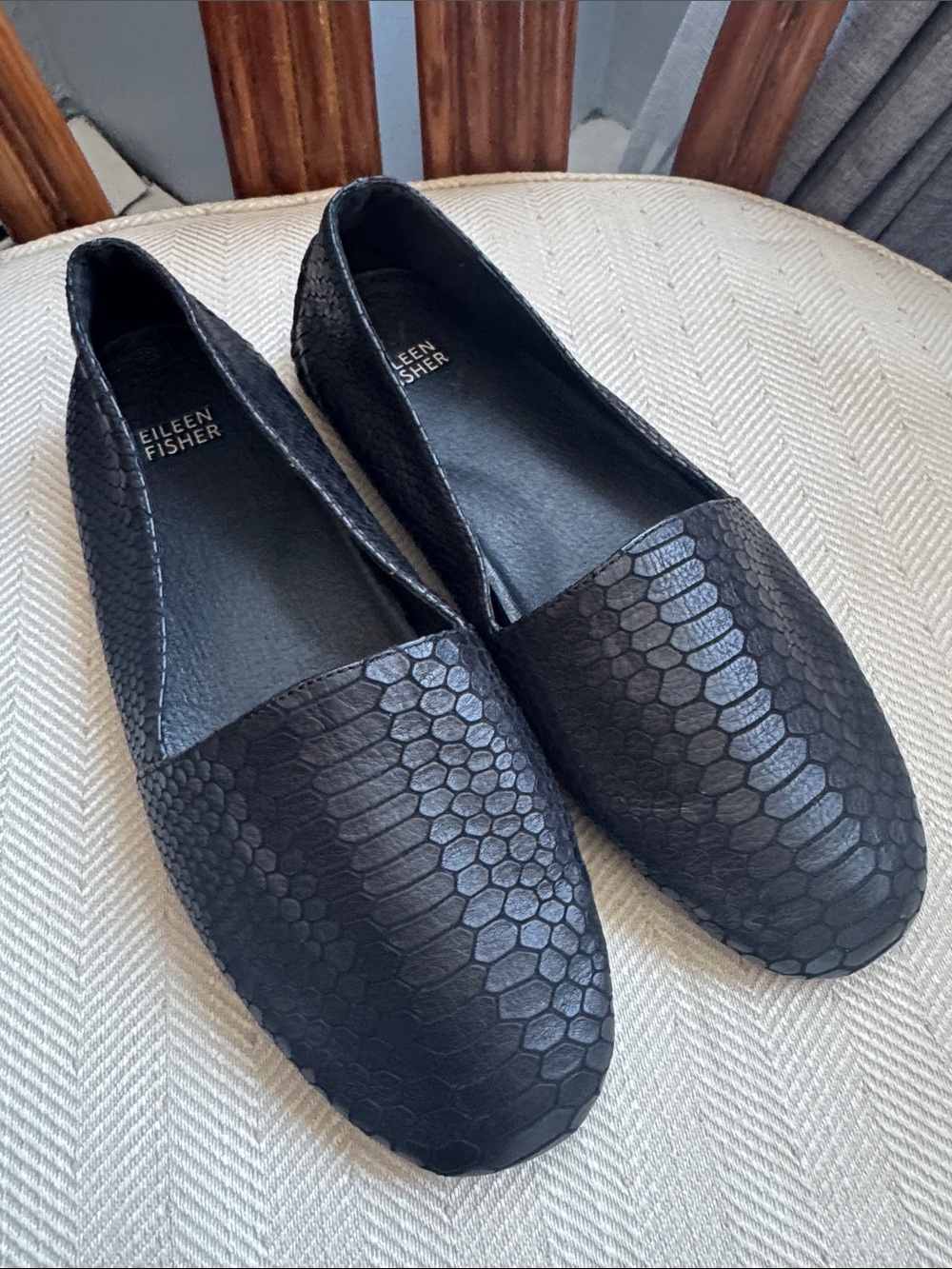 Eileen Fisher Black Embossed Leather Slip-On Loafers